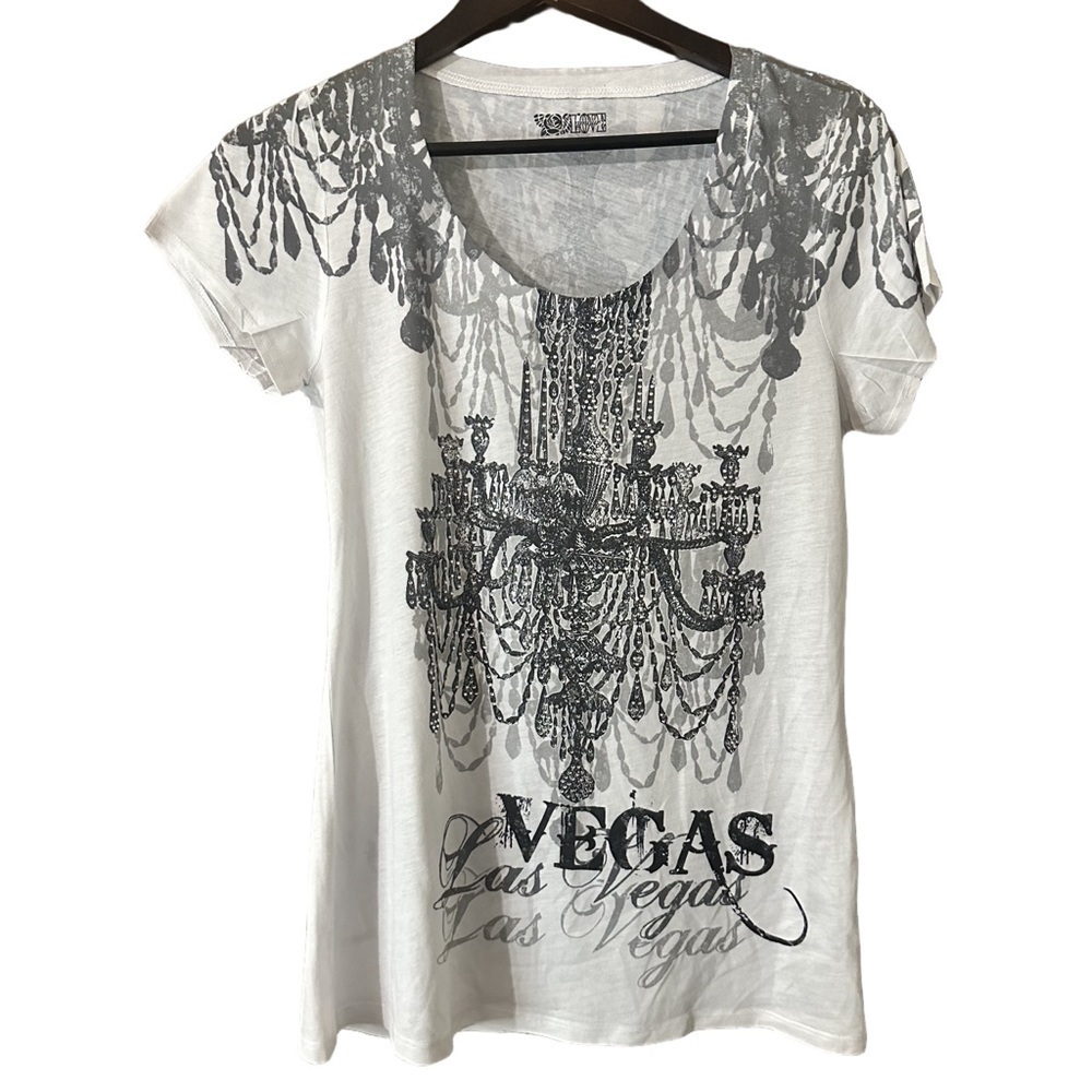 Love Amour White Grey Las Vegas Gothic Bedazzled Graphic Short Sleeve Tee Sz S